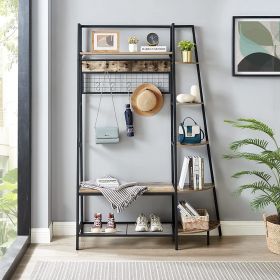 Industrial Style Hall Tree Entryway Coat Rack with Bookshelves, Bench Seat and Shoe Storage (Color: Grey)