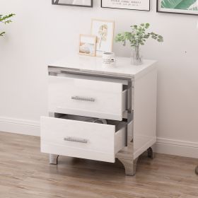 Elegant High Gloss Nightstand with 2 Drawers, Metal Handles and Silver Mirrored Trimming (Material: MDF, Color: White)