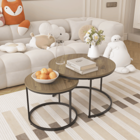 Nesting Coffee & End Table Set of 2 with Black Metal Frame (Material: Wood+Metal, Color: brown)