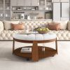 2 Tier Large Round Ottoman Coffee Table with Wheels and Ivory White Button Tufted Top