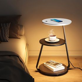 Smart Nightstand with Dimmable LED Light, Wireless Charger, 3 Tier and Open Shelves (Color: White)