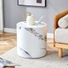 White Faux Marble Texture End Table with Cylindrical Design, Smooth Surface and Adjustable Foot Pads