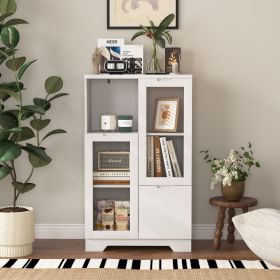 MDF Painted Cabinet with 2 Glass Doors, 1 Drawer and Open Storage Space in 4 Colors (Material: MDF, Color: White)