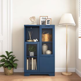 MDF Painted Cabinet with 2 Glass Doors, 1 Drawer and Open Storage Space in 4 Colors (Material: MDF, Color: Blue)
