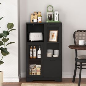 MDF Painted Cabinet with 2 Glass Doors, 1 Drawer and Open Storage Space in 4 Colors (Material: MDF, Color: Black)