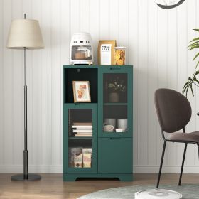 MDF Painted Cabinet with 2 Glass Doors, 1 Drawer and Open Storage Space in 4 Colors (Material: MDF, Color: Green)