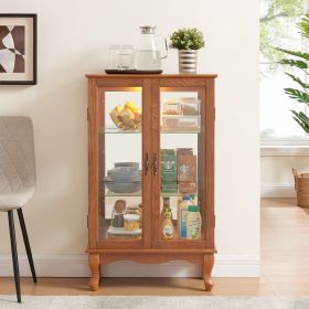 2 Door Curio Cabinet with Tempered Glass Doors, LED Light, Mirrored Back Panel & Adjustable Shelves (Material: MDF+glass, Color: Oak)