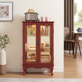 2 Door Curio Cabinet with Tempered Glass Doors, LED Light, Mirrored Back Panel & Adjustable Shelves (Material: MDF+glass, Color: Cherry)