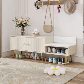 Modern Shoe Storage Bench with 2 Doors, Hidden Storage and Upholstered PU Leather Cushion in 5 Different Colors (Material: MDF+Metal, Color: Antique White)