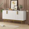 Modern Elegant 4-Door Sideboard, Gold Handles with Gold Metal Legs and 2 Adjustable Shelves in Black & White