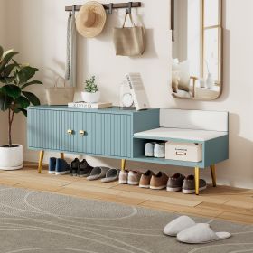 Modern Shoe Storage Bench with 2 Doors, Hidden Storage and Upholstered PU Leather Cushion in 5 Different Colors (Material: MDF+Metal, Color: Light Blue)