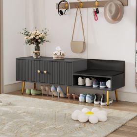 Modern Shoe Storage Bench with 2 Doors, Hidden Storage and Upholstered PU Leather Cushion in 5 Different Colors (Material: MDF+Metal, Color: Gray)