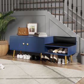 Modern Shoe Storage Bench with 2 Doors, Hidden Storage and Upholstered PU Leather Cushion in 5 Different Colors (Material: MDF+Metal, Color: Navy)