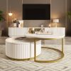 2 Round Modern Coffee Tables with Nesting Design, Fluted Pattern and Gold Metal Base