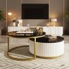 2 Round Modern Coffee Tables with Nesting Design, Fluted Pattern and Gold Metal Base