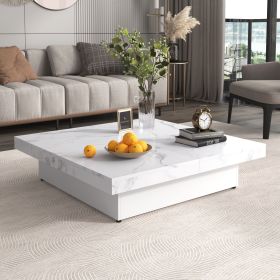39.4” Square Marble Veneer Coffee Table with 4 Sliding Tops with 4 Hidden Storage Compartments (Material: MDF, Color: White)