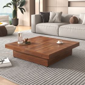 39.4” Square Marble Veneer Coffee Table with 4 Sliding Tops with 4 Hidden Storage Compartments (Material: MDF, Color: Walnut)