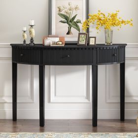 Half Moon Shaped Distinctive Pine Veneer Console Table with 3 Vertical Stripe Drawer Fronts and Four Legs (Material: MDF, Color: Black)
