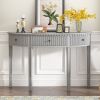 Half Moon Shaped Distinctive Pine Veneer Console Table with 3 Vertical Stripe Drawer Fronts and Four Legs
