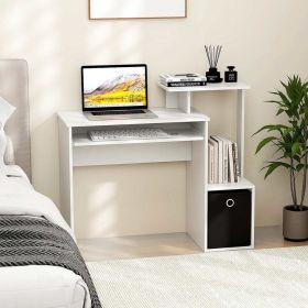1 Piece Space Saving Computer Work Desk with Pull-Out Keyboard Tray and Detachable & Foldable Bottom Drawer (Color: White)