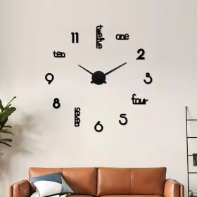 Large Modern Frameless Art Deco Silent Wall Clock with Unique Acrylic Stick On Numerals and Letters (Color: Black)
