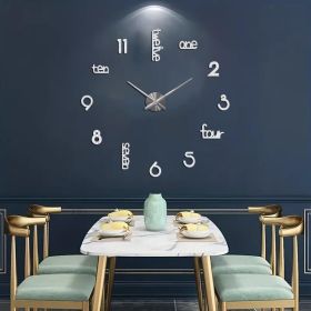 Large Modern Frameless Art Deco Silent Wall Clock with Unique Acrylic Stick On Numerals and Letters (Color: silvery)