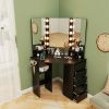 Corner Vanity Desk with Built-In Power Outlet Station, 5 Drawers, 3 Storage Shelves, 3 Color LED Light Settings and Hair Dryer Rack Holder