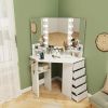 Corner Vanity Desk with Built-In Power Outlet Station, 5 Drawers, 3 Storage Shelves, 3 Color LED Light Settings and Hair Dryer Rack Holder