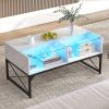 Center Coffee Table with Faux Marble/Tempered Glass Table Top, Built-In LED Lights and 4 Storage Cubes