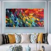 Handmade Oil Painting Abstract Art on Canvas with Vibrant Colorful Feathers