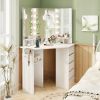 Corner Vanity Desk with Built-In Power Outlet Station, 5 Drawers, 3 Storage Shelves, 3 Color LED Light Settings and Hair Dryer Rack Holder