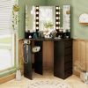 Corner Vanity Desk with Built-In Power Outlet Station, 5 Drawers, 3 Storage Shelves, 3 Color LED Light Settings and Hair Dryer Rack Holder