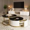 2 Round Modern Coffee Tables with Nesting Design, Fluted Pattern and Gold Metal Base