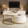 2 Round Modern Coffee Tables with Nesting Design, Fluted Pattern and Gold Metal Base