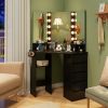 Corner Vanity Desk with Built-In Power Outlet Station, 5 Drawers, 3 Storage Shelves, 3 Color LED Light Settings and Hair Dryer Rack Holder