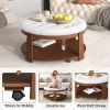 2 Tier Large Round Ottoman Coffee Table with Wheels and Ivory White Button Tufted Top