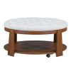 2 Tier Large Round Ottoman Coffee Table with Wheels and Ivory White Button Tufted Top