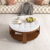 2 Tier Large Round Ottoman Coffee Table with Wheels and Ivory White Button Tufted Top