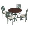 5 Piece Dining Table Set with 1 Round Table with Bent Column Shaped Table Legs, Middle Storage Shelf and 4 Carved Backrest Chairs
