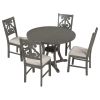 5 Piece Dining Table Set with 1 Round Table with Bent Column Shaped Table Legs, Middle Storage Shelf and 4 Carved Backrest Chairs