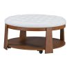 2 Tier Large Round Ottoman Coffee Table with Wheels and Ivory White Button Tufted Top