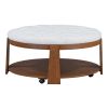 2 Tier Large Round Ottoman Coffee Table with Wheels and Ivory White Button Tufted Top