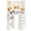 Corner Vanity Desk with Built-In Power Outlet Station, 5 Drawers, 3 Storage Shelves, 3 Color LED Light Settings and Hair Dryer Rack Holder