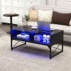 Center Coffee Table with Faux Marble/Tempered Glass Table Top, Built-In LED Lights and 4 Storage Cubes