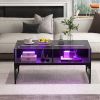 Center Coffee Table with Faux Marble/Tempered Glass Table Top, Built-In LED Lights and 4 Storage Cubes