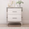 Elegant High Gloss Nightstand with 2 Drawers, Metal Handles and Silver Mirrored Trimming