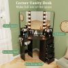 Corner Vanity Desk with Built-In Power Outlet Station, 5 Drawers, 3 Storage Shelves, 3 Color LED Light Settings and Hair Dryer Rack Holder