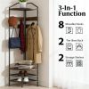 Modern Corner Display Shelf with Multi-Hook Clothes Hanger, 2 Tier Shoe Rack and Storage Shelves