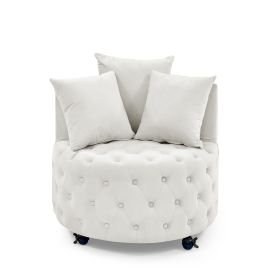 Velvet Upholstered Swivel Chair, Button Tufted Design with Movable Wheels and 3 Matching Pillows (Color: Beige)