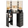 Corner Vanity Desk with Built-In Power Outlet Station, 5 Drawers, 3 Storage Shelves, 3 Color LED Light Settings and Hair Dryer Rack Holder